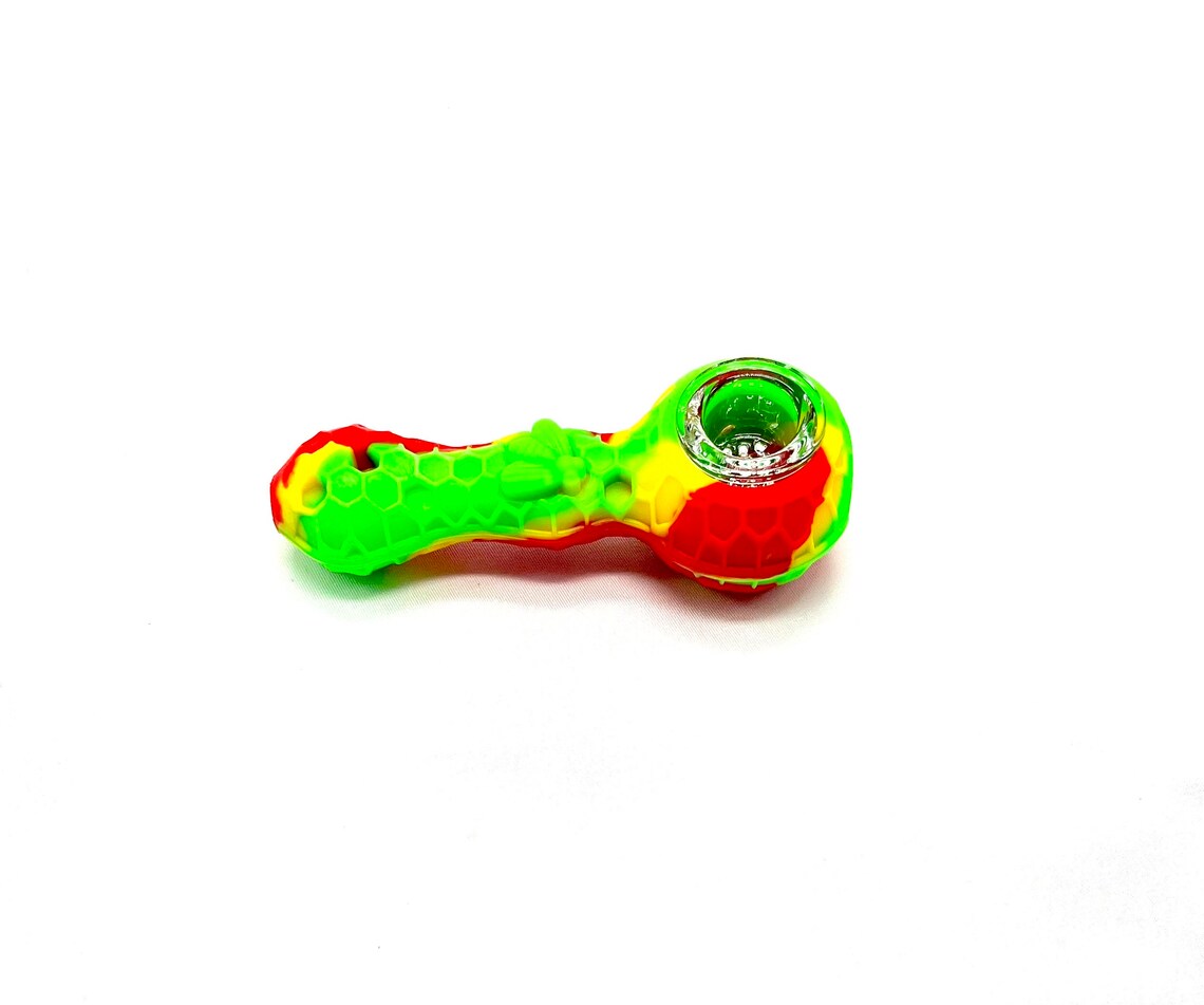 Silicone Pipe 4.3" With GLASS BOWL and Clean Tool-HoneyComb Bee