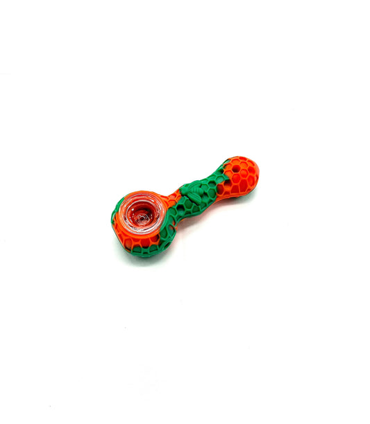 Silicone Pipe 4.3" With GLASS BOWL and Clean Tool-HoneyComb Bee (Orange/Green) - In Joy's Shop